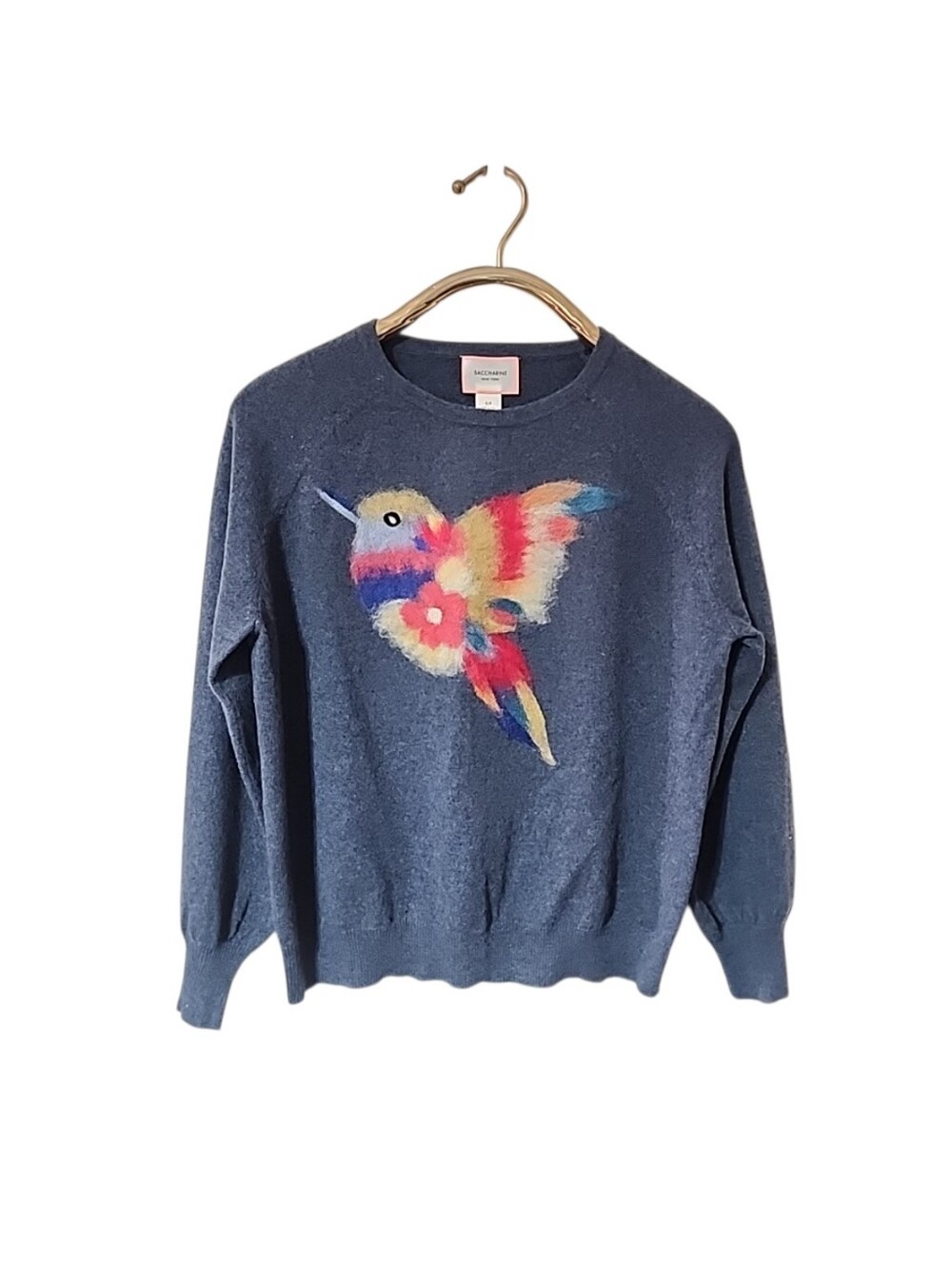 Saccharine New York 100% Cashmere Hummingbird Sweater Blue Floral Knit Small - Picture 2 of 8